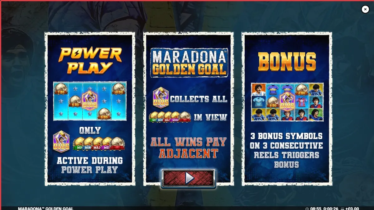 Tela de jogo do slot Maradona Golden Goal com símbolos de futebol e o ídolo argentino